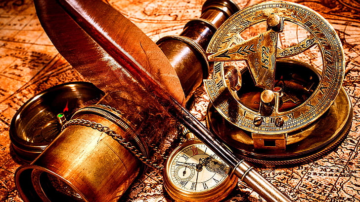 vintage, abtique, metal, copper, brass, map, compass, old map, HD wallpaper