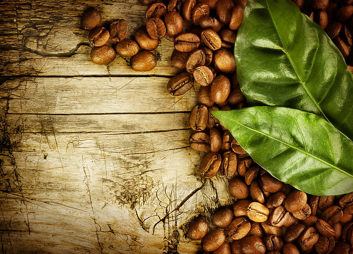 coffee beans, grains, leaves, board, brown, backgrounds, close-up, HD wallpaper
