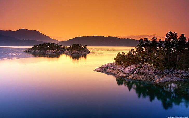 sunset, photography, water, lake, nature, landscape, trees, HD wallpaper