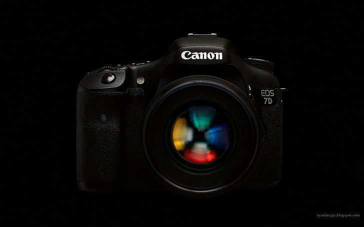 black Canon EOS 7D, the camera, black background, EF 100mm F2.8L macro Hybrid IS, HD wallpaper