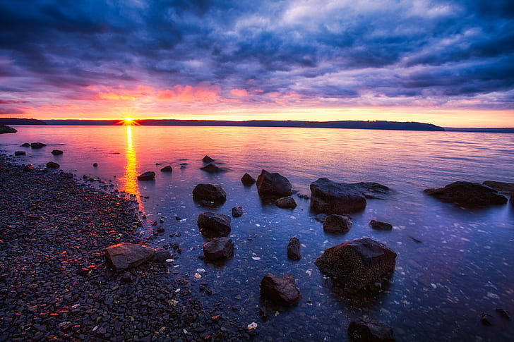 landscape, coast, beach, sunset, reflection, purple sky, lake