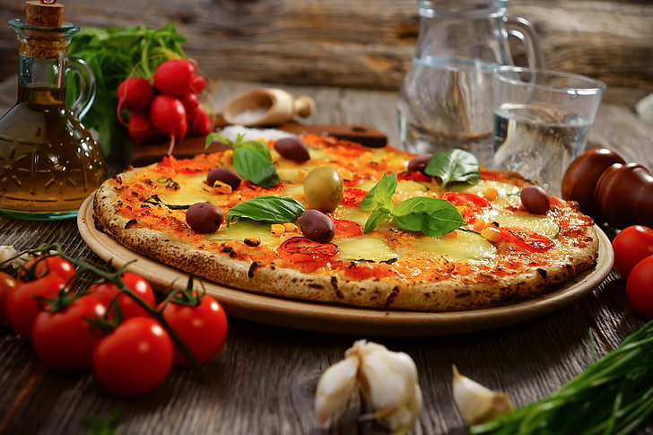 plate of pizza, water, oil, food, cheese, vegetables, tomatoes, HD wallpaper