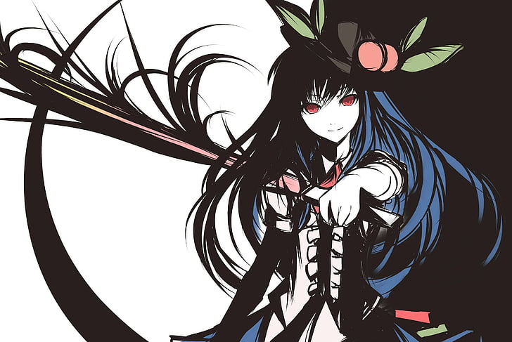 black haired female anime character wallpaper, dark hair, red eyes