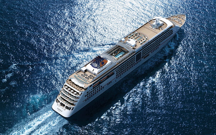 aerial view, blue, sea, cruise ship, HD wallpaper