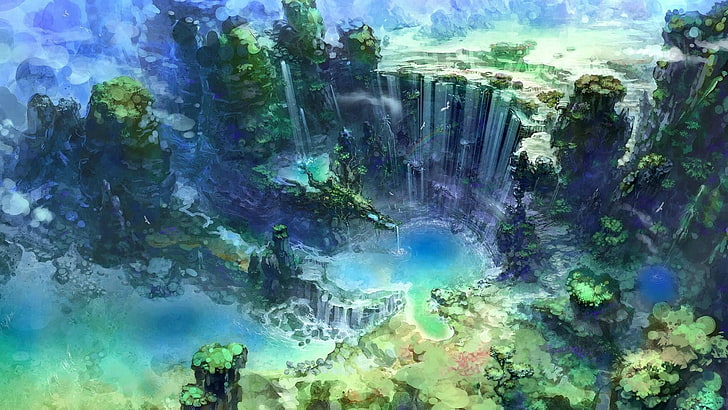 surreal waterfalls digital wallpaper, nature, landscape, no people