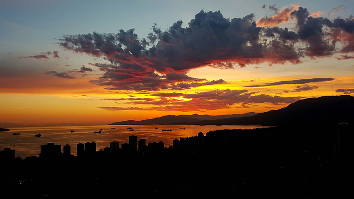 mountains, city, Vancouver, British Columbia, sunset, sky, clouds