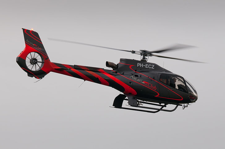 black and red PH-ECZ helicopter, eurocopter, ec130, flying, air Vehicle