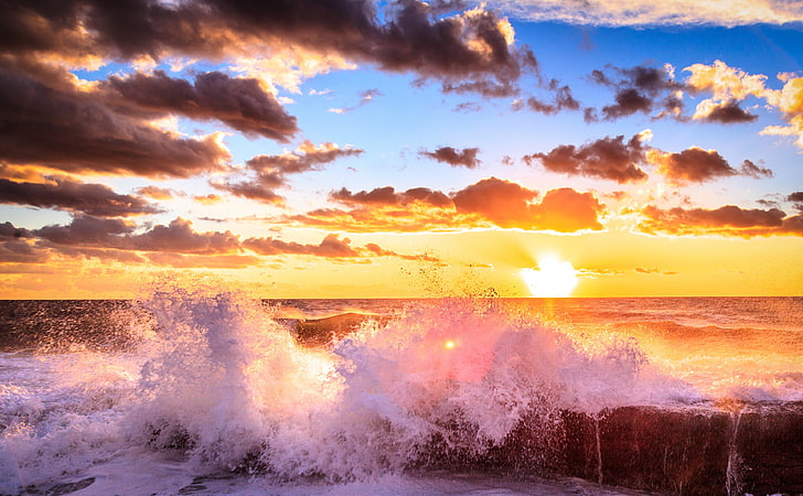 Waves Crashing, sea waves, Nature, Beach, Beautiful, Sunset, Shore, HD wallpaper