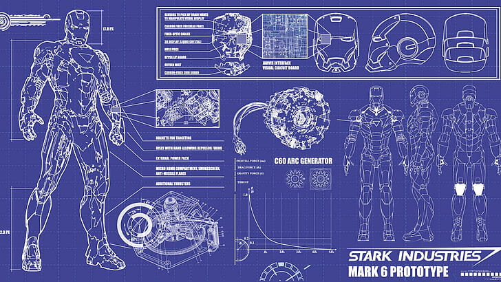 Iron Man blueprint, stark industries mark 6 prototype blueprint, HD wallpaper