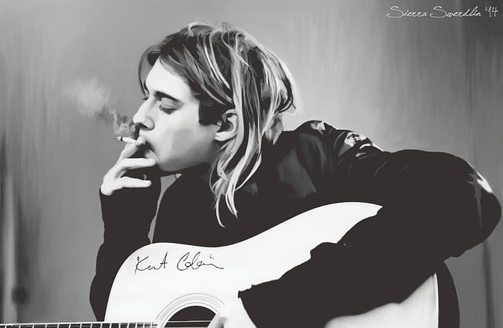Kurt Cobain, Nirvana, guitar, monochrome, watermarked, drawing