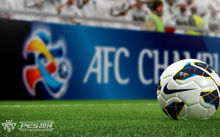 Pro Evolution Soccer PES 2014 Game Wallpaper, white, black, and blue AFC soccer ball