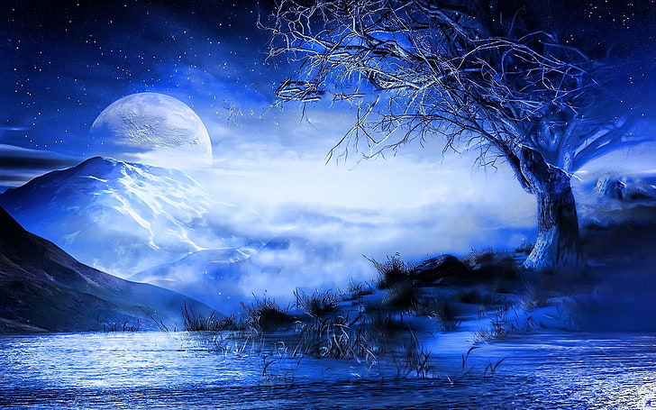 HD wallpaper: Fantasy, Landscape, Blue, Moon, Mountain, Sky, Star, Tree |  Wallpaper Flare