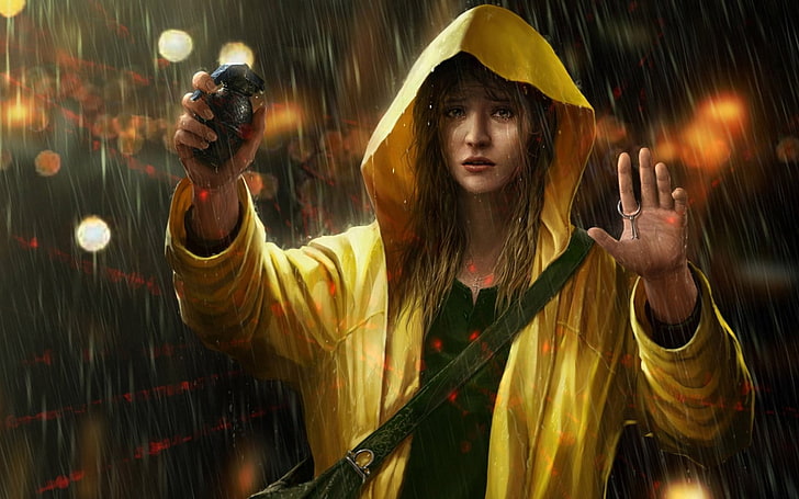 artwork, rain, grenades, women, hoods, arms up, crying, sad, HD wallpaper