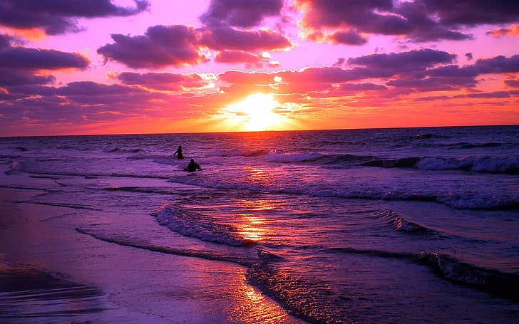 seashore, sunset, landscape, purple, orange, waves, beach, nature, HD wallpaper