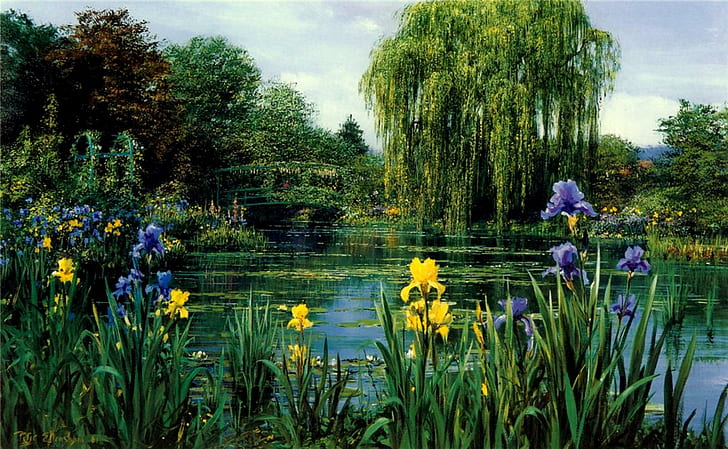HD wallpaper: Willow Lake, trees, bridge, weeping willow tree, iris,  flowers | Wallpaper Flare