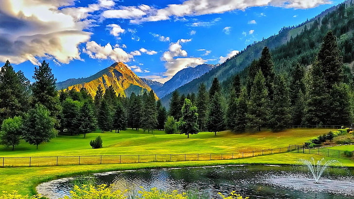 nature, pond, sky, field, mount scenery, fountain, mountain, HD wallpaper