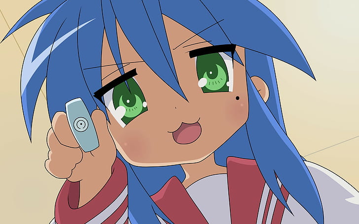 anime girls, Lucky Star, Izumi Konata, blue hair, green eyes