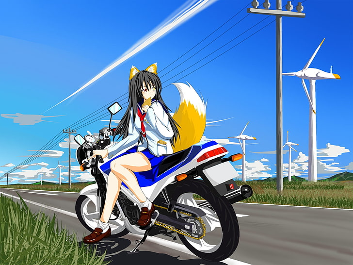  Fondo de pantalla HD mujer montando motocicleta anime ilustración, niña, cola, criatura