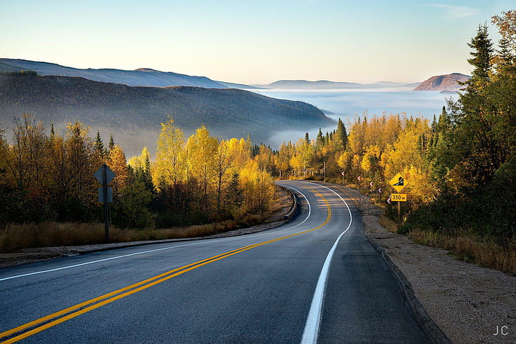 Nature Forest Road Mountain Mist Autumn Photo Download, roads, HD wallpaper