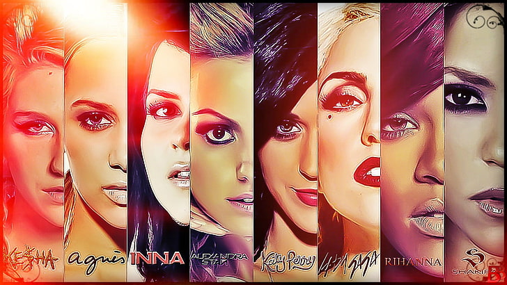 famous female music icons collage, Katy Perry, Lady Gaga, Rihanna