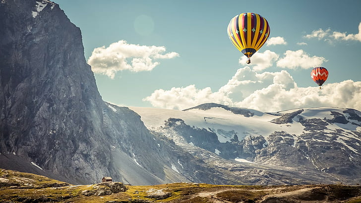 hot air balloons, clouds, snow, cliff, nature, black, mountains