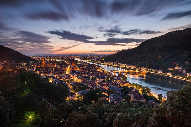 Towns, Heidelberg, Germany, Landscape, Night, River