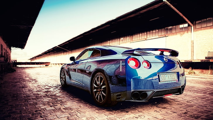blue sports coupe, car, Nissan, Nissan GTR, blue cars, vehicle, HD wallpaper