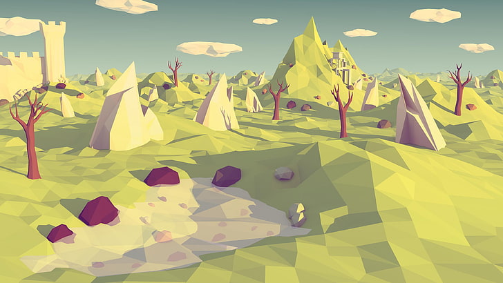 digital pixel land illustration, low poly, polygon, landscape, HD wallpaper