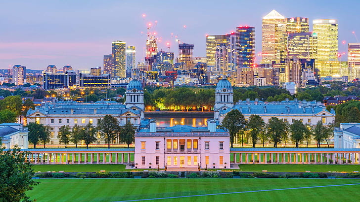 lights, England, London, Greenwich Park, One Canada Square-The Wharf, HD wallpaper