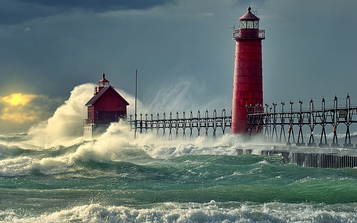 red lighthouse, sea, storm, water, built structure, building exterior, HD wallpaper