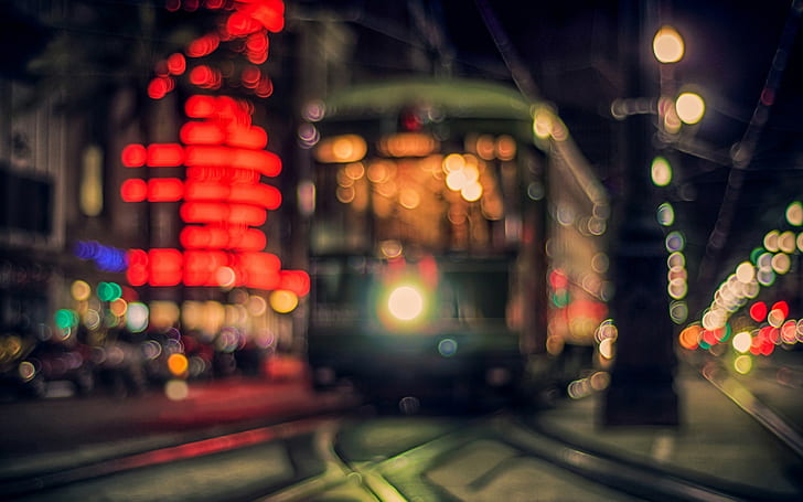 city, night, city lights, tram, bokeh