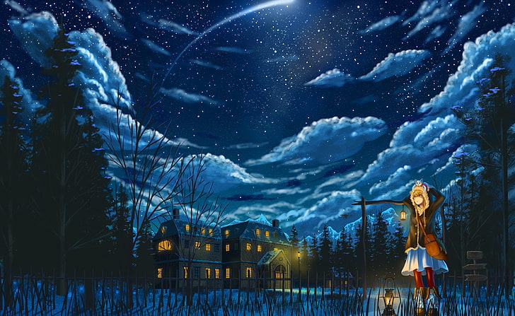 anime girl, night, house, clouds, stars, sky, lantern, snow