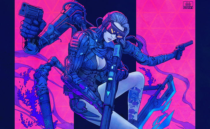 cyberpunk, gun, sniper rifle, pink, women, tattoo, Exoskeleton