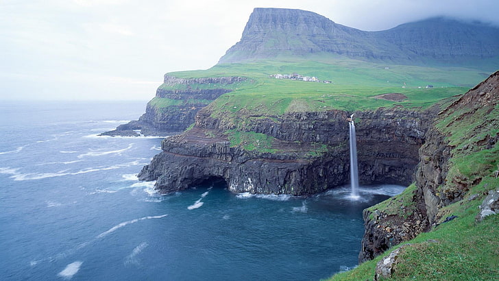 coast, cliff, waterfall, sea, highland, ocean, bay, rock, gasadalur, HD wallpaper