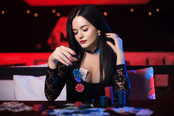 women, portrait, red nails, red lipstick, playing cards, money