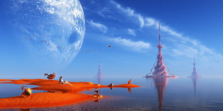 orange and black fish with fish, science fiction, fantasy art, HD wallpaper