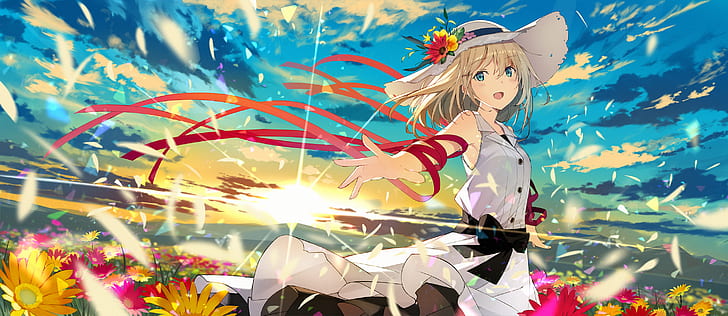 sunset, summer, anime girls, flowers, hat, blue eyes, sky, blonde, HD wallpaper