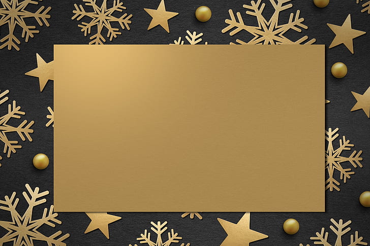 winter, snowflakes, frame, golden, black background, Christmas, HD wallpaper