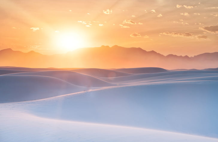 white desert on sunset, Sunrise, White Sands, New Mexico, 4K, HD wallpaper