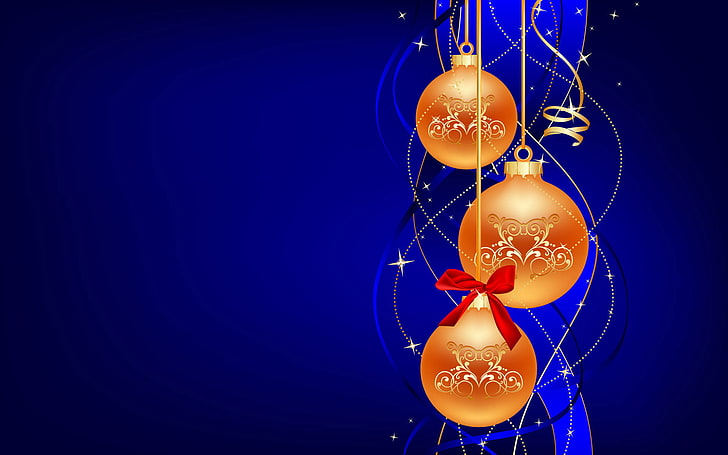 three gold-colored Christmas baubles digital wallpaper, decoration