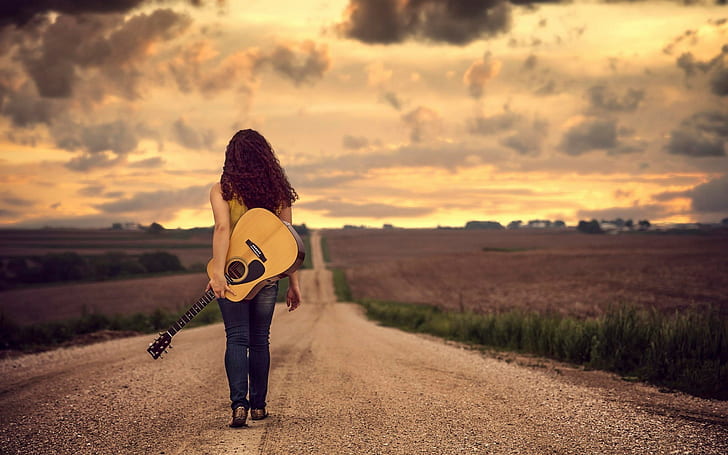jake olson curly hair women outdoors guitar road musical instrument clouds jeans nebraska, HD wallpaper