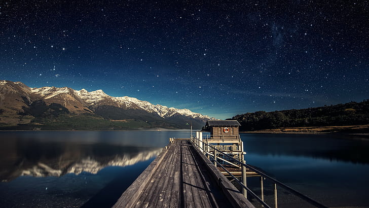 Nature, Pier, Lake, Mountain, Calm, Stars, Night