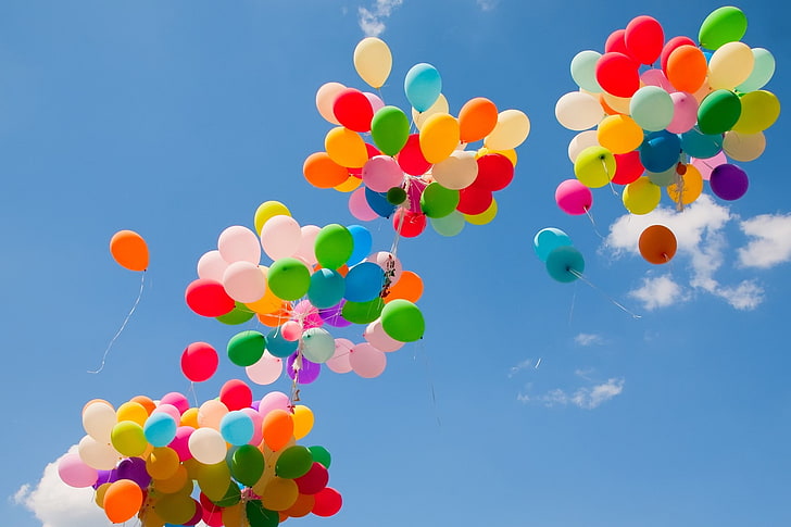 happy, colorful, multi colored, balloon, sky, large group of objects
