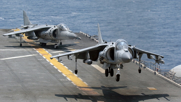 aircraft carrier, Harrier, sea, military aircraft, vehicle, HD wallpaper