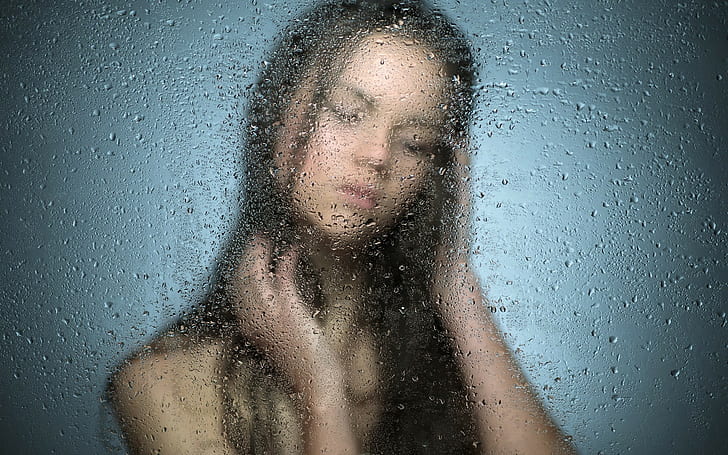 closed eyes, nude, wet body, women, water on glass, blurred