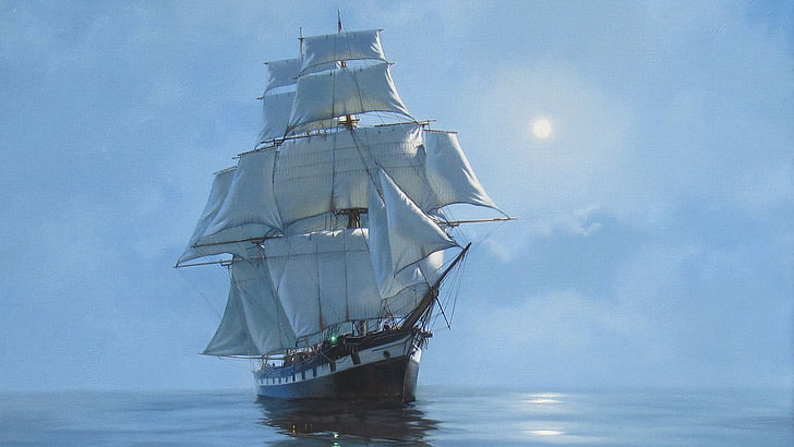 sailing ship, tall ship, flagship, painting art, brig, brigantine