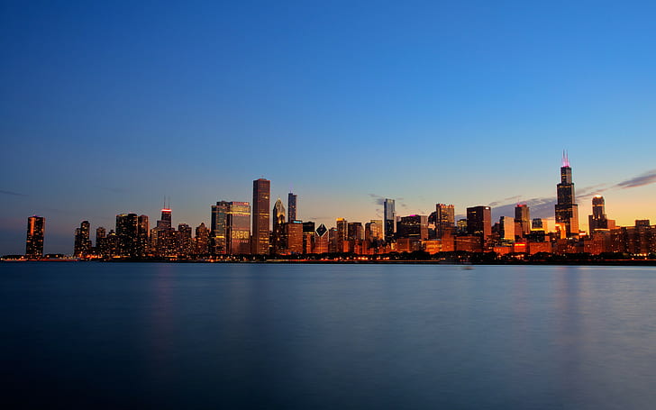 Chicago, city, cityscape, city lights, skyscraper, dusk, Sears Tower, HD wallpaper