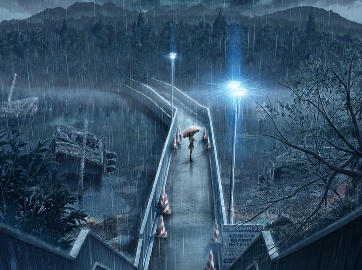 woman standing on bridge under umbrella illustration, rain, anime