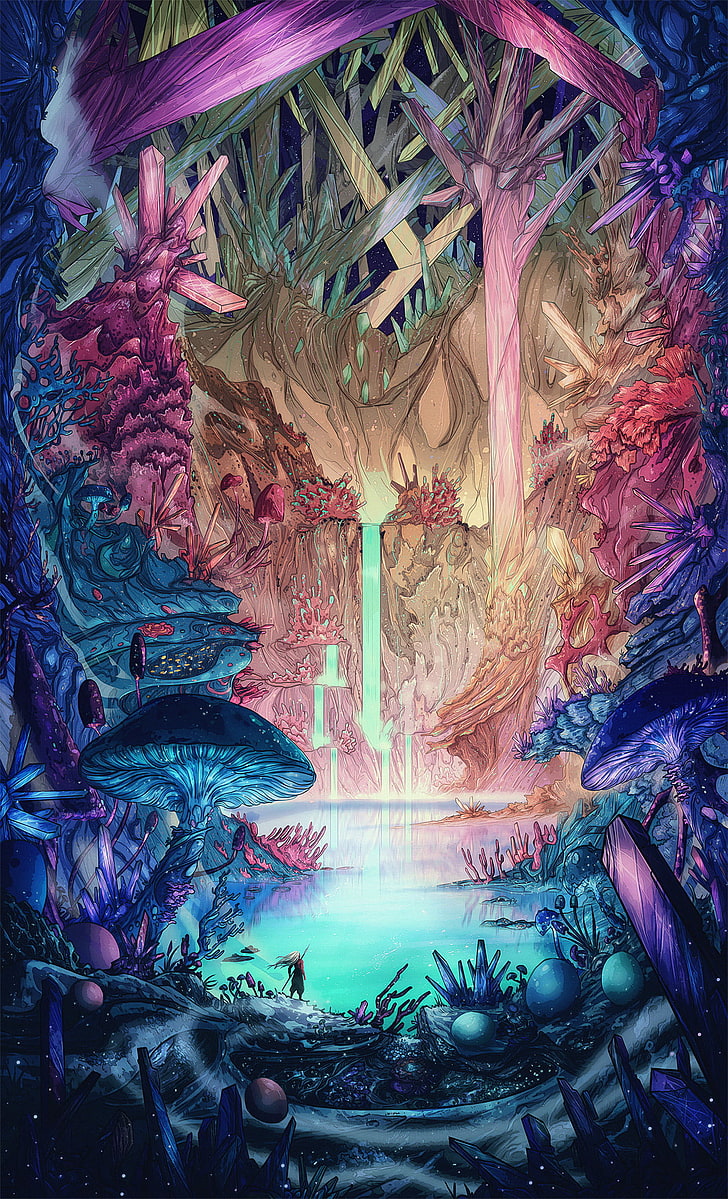colorful, lake, forest, fantasy art, crystal , waterfall, mushroom, HD wallpaper