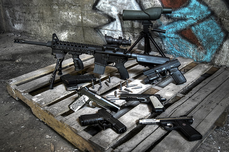black assault rifle and semi-automatic pistols, weapons, guns